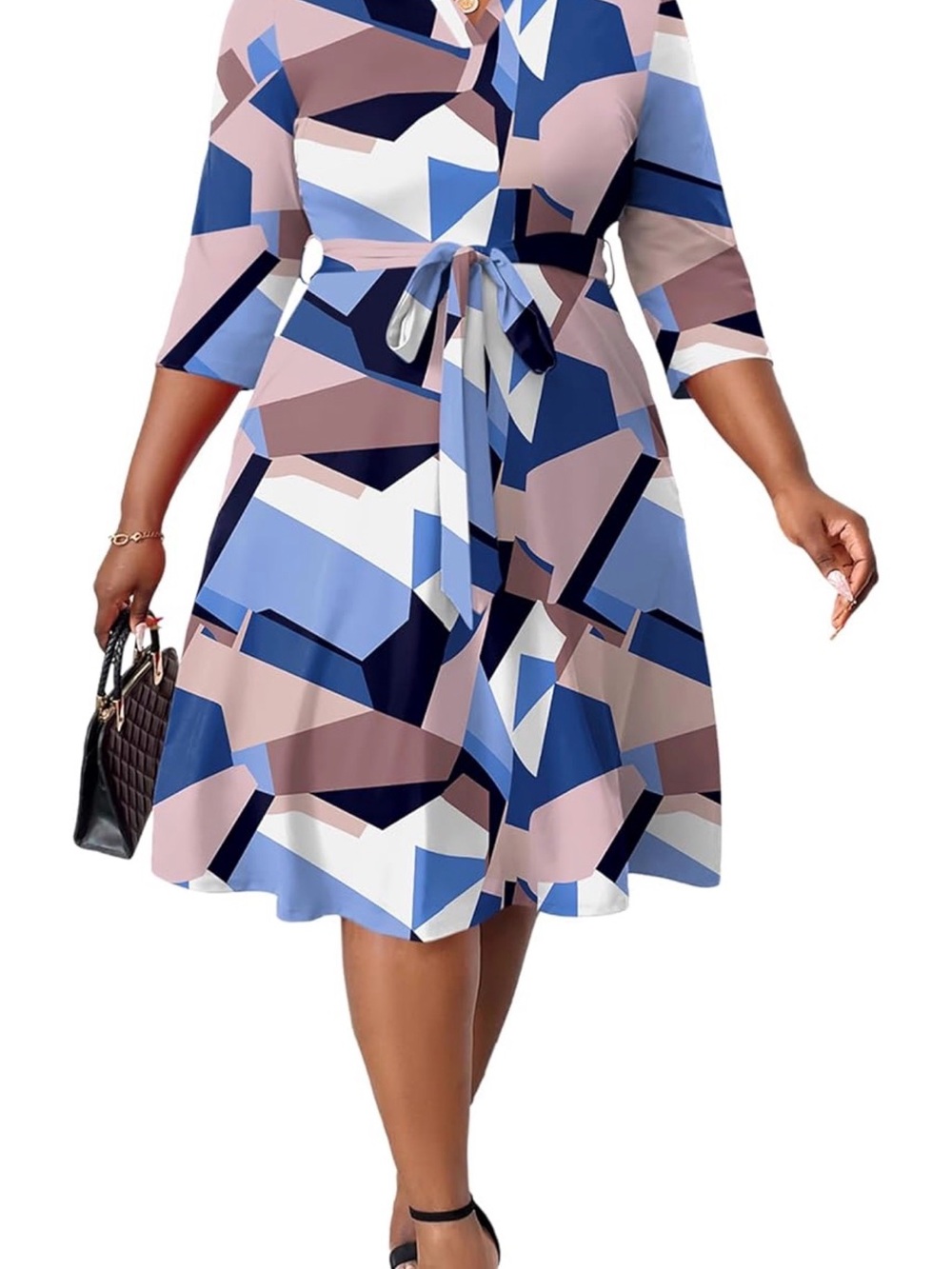 FANDEE Geometric Print Blue & Pink Tie-Waist A-Line Dress - Picture 2 of 12